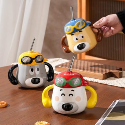 Cartoon Puppy met Deksel met Tuitbeker Kantoormeisje Mok Leuke Keramische Beker Beker van Hoge Waarde 500ML gray