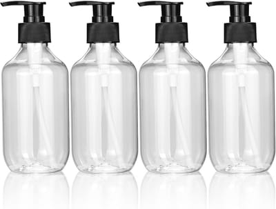 Famanu – 4 stuks lege perspompflessen, 300 ml hervulbare fles voor het koken van sauzen, plastic vloeibare zeepdispenser, navulbare container voor etherische oliën, lotions, shampoo, conditioner