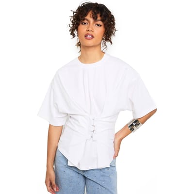 boohoo Dames T-shirt met haak-en-oog sluiting en getailleerde taille | White | Maat: 6