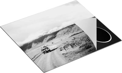 Chefcare Inductie Beschermer Safari Auto tussen de Zebra's - Zwart Wit - 60x50 cm - Afdekplaat Inductie - Kookplaat Beschermer - Inductie Mat