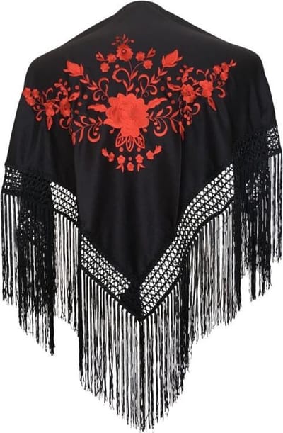 Spaanse manton - omslagdoek - zwart rood Small bij Flamenco jurk of verkleedkleding