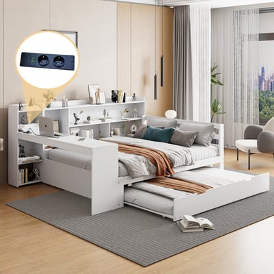 MEUNIQ multifunctioneel bed 140x200 cm met uitschuifbed, bureau, boekenplanken, opbergvakken, stopcontact en USB, houten bedframe voor slaapkamer of logeerkamer, wit