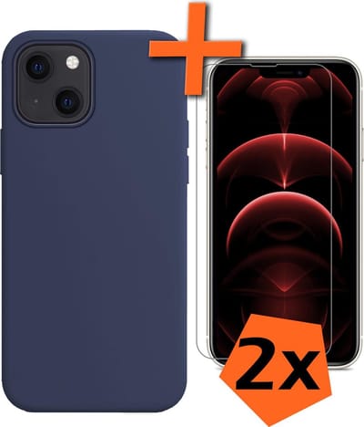 Hoes - Met 2x Screenprotector - Geschikt voor Apple iPhone 13 Mini - Sterk & Shockproof - Back Cover - Siliconen Case - Telefoon Hoes - Donkerblauw