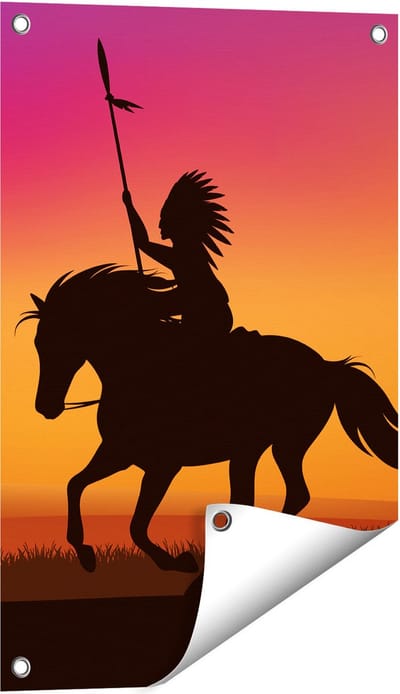 Gards Tuinposter Silhouet van een Indiaan op een Paard - 40x60 cm - Tuindoek - Tuindecoratie - Wanddecoratie buiten - Tuinschilderij
