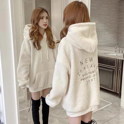 Winter Wild Plus Velvet Dikke Lamsvacht Jas Vrouwelijk Losse Capuchon Witte Trui Vrouwelijke Student S