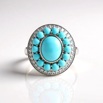 Cavill - 925 Zilver Ring - Platina Verguld - 2.48 ct Sleeping Beauty Turkoois - 14 Turkooizen - 35 Cambodjaanse Zirkonen - Elegant