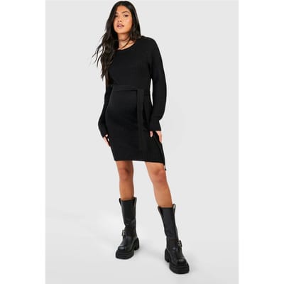 boohoo Dames Maternity Soft Knit Tie Waist Jumper Dress | Black | Maat: Small