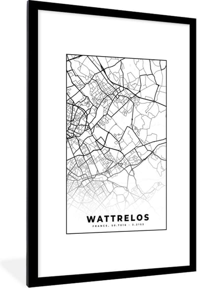 Fotolijst incl. Poster Zwart Wit- Frankrijk – Kaart – Plattegrond – Stadskaart - Wattrelos - Zwart wit - 80x120 cm - Posterlijst