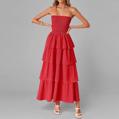 Lente Nieuwe Dameskleding Elegant en Elegant Strapless Modieus Effen Kleur Jurk voor Dames S rood
