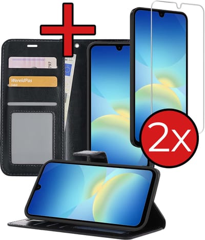 Hoesje - Met 2x Screenprotector - Geschikt voor Samsung Galaxy A26 - Luxe Pasjeshouder - Flip Case - Bookcase Portemonee - Kunstleer Book Case - Flipcase Hoes - Book Cover - Walletcase - Portemonneehoes - Telefoonhoes - Zwart