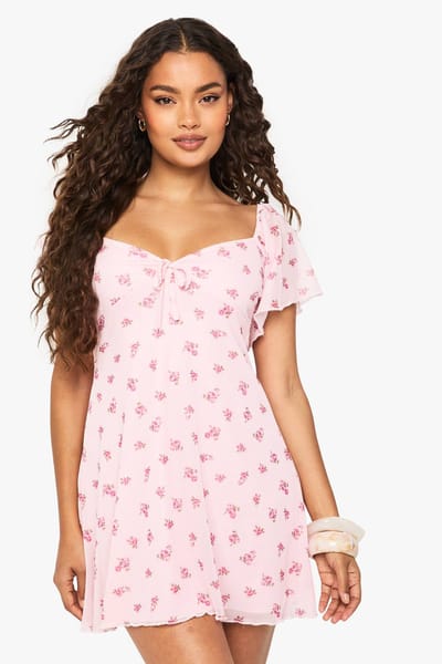 boohoo Dames Ditsy Floral Mesh Mini-jurk met Engelachtige Mouwen en Strik aan de Voorkant | Lichtroze | Maat: 36