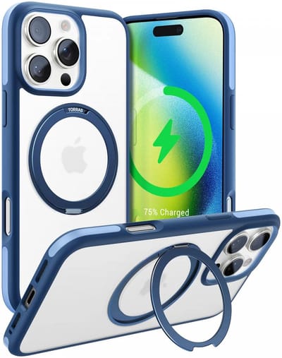 TORRAS Hoesje Geschikt voor Apple iPhone 16 Pro Max - UPRO Ostand R Fusion - Compatibel met MagSafe - 360° Draaibare Standaard - Back Cover Kickstand Ring - Blauw