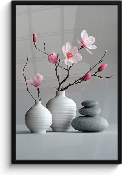 Poster in lijst - Fotolijst 60x90 cm - Posters - Magnolia - Bloemen - Roze - Zen stenen - Posterlijst zwart - Wanddecoratie badkamer - Muurdecoratie WC - Decoratieve accessoires - Toilet muur decoratie