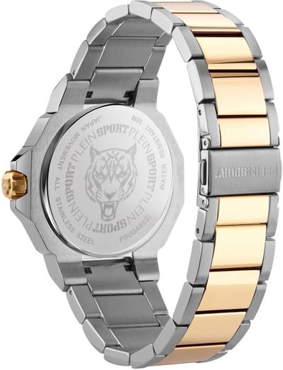 Plein Sport Titan 3H Quartz Analoog Horloge Tweekleurig Kast Gemaakt Van 100% Gerecycled Roestvrij Staal En Een Armband Van 100% Siliconen 44 PSUGA0126, PSUGA0326, PSUGA0426, PSUGA0526, PSUGA0626