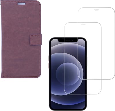 LuxeBass hoesje geschikt voor iPhone 12 hoesje book case + 2 stuks Glas Screenprotector bruin gsm hoesje - telefoonhoes - telefoonhoesjes - beeldscherm - scherm - tempered glas