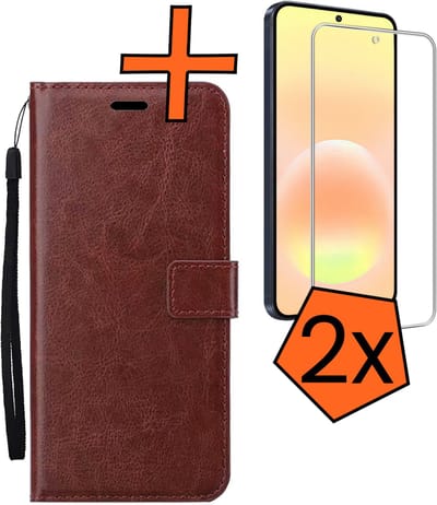 Hoes - Met 2x Screenprotector - Geschikt voor Samsung Galaxy A57 - Luxe Pasjeshouder - Bookcase Portemonee - Flip Case - Kunstleer Book Case - Flipcase Hoes - Book Cover - Walletcase - PortemonneeHoes - Bruin