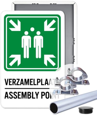 BHV Verzamelplaats – Assembly Point bord - Weerbestendig Aluminium - 30x45 cm - Bevestiging: Met paal 150 cm + paalbeugels + paaldop