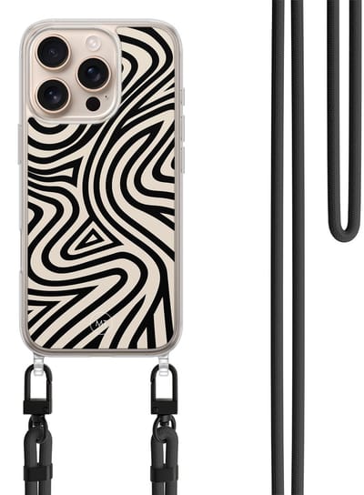 Hoesje met koord geschikt voor iPhone 16 Pro - Groovy lines - Inclusief zwart koord - Crossbody beschermhoes - Transparant, Zwart - Mooie Telefoonhoesjes