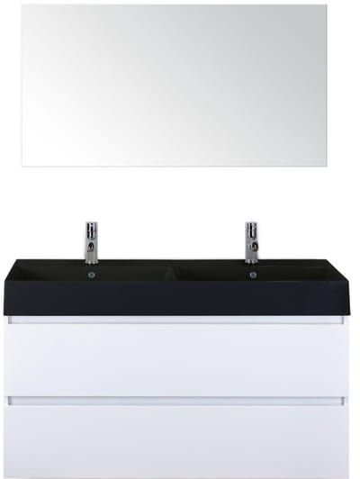 Maxx XL Badmeubelset 120 cm - Wit Hoogglans - Wastafel Kube Dubbel Zwart 2 Kraangaten met Spiegel