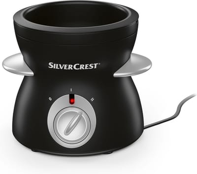 SILVERCREST Elektrische mini chocoladefondue - Geniet van een heerlijk chocoladedessert met deze elektrische chocoladefondue - Vermogen: 25 W Inhoud: 250 ml  - Incl. 4 fonduespiesen en spatel - Antislipvoeten