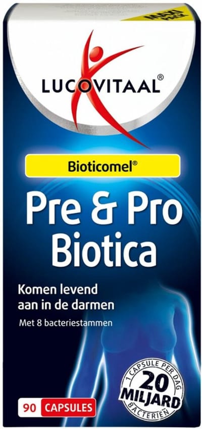 Lucovitaal Pre & Pro Bioticomel met Bifidobacterium & Lactobacillus, 90 Capsules, 20 Miljard Bacteriën en 50 mg FOS, Maagsapresistente Capsule, Vegan, Voedingssupplement voor Volwassenen