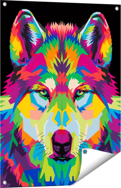 Gards Tuinposter Gekleurde Wolvenkop - Wolf - Abstract - 60x80 cm - Tuindoek - Tuindecoratie - Wanddecoratie buiten - Tuinschilderij