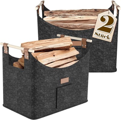 Set van 2 Opvouwbare Houtmand van Vilt - Robuuste Tas met Houten Handvatten voor Houtopslag en Boodschappen