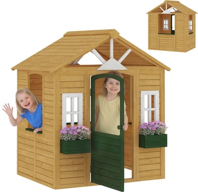 ECTEATOY® Houten Speelhuisje Buiten met Deur, Ramen & 2 Bloembakken - Tuinhuis voor Kinderen 3-8 Jaar - 134,5 x 97 x 150 cm - Bruin