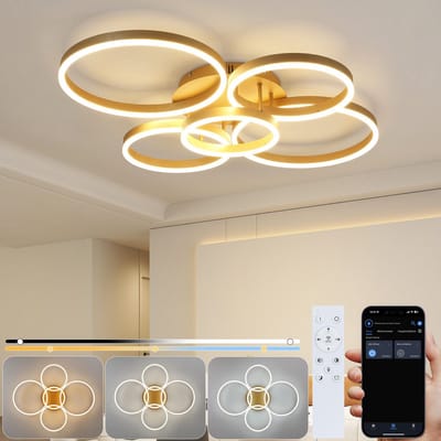 NETTLIFE Plafondlamp LED – Goud – 5-Ringen Design – Dimbaar – 78W – Moderne Plafondverlichting met Afstandsbediening – voor Woonkamer Slaapkamer Eetkamer