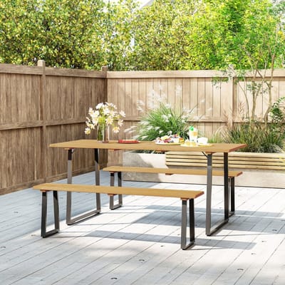 FloraGrace Tuinset 3-delig - Picknicktafel Met 2 Banken Voor 6 Personen - Met Parasolgat - Hout - Naturel Hout
