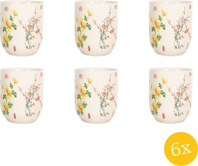 Clayre & Eef Mok set van 6 stuks 100 ml Beige Geel Porselein Rond Bloemen Theemok