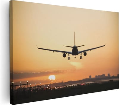 Artaza Canvas Schilderij Zonsondergang - 30x20 cm - Klein - Wanddecoratie Vliegtuig - Muurdecoratie Luchthaven - Kamer Accessoires