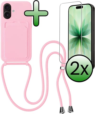 Hoes Geschikt voor iPhone 17 Hoesje Pas Houder Case Hoes Met Koord Met 2x Screenprotector - Hoesje Geschikt voor iPhone 17 Hoes Met Telefoonkoord Pasjeshouder Cover - Lichtroze