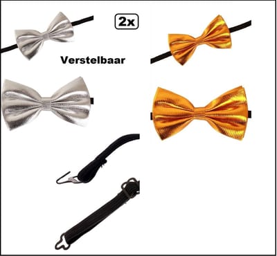 2x Vlinderstrik zilver en goud 13cm verstelbaar - Strikje Festival evenement gala party kerst hollywood huwelijk