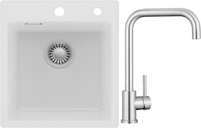 Auralum max Spoelbak voor keuken 40x45CM - Graniet Spoelbakken Met 360° Draaibare Keukenkraan - Enkele spoelbak Wit - Met waterafvoersysteem - Voor 40 cm kast