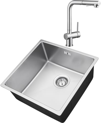 Auralum max Spoelbak RVS (44x44CM) – Spoelbak Keuken Met Keukenkraan met Uittrekbare Uitloop - Spoelbakken Keuken – Wasbak Keuken - RVS