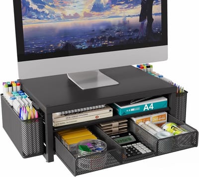SnelShoppen - Metalen monitorstandaard verhoging met lade en 2 penhouders, laptop-pc-verhoging voor bureau, 2 etages, bureau-accessoires, organizer, z