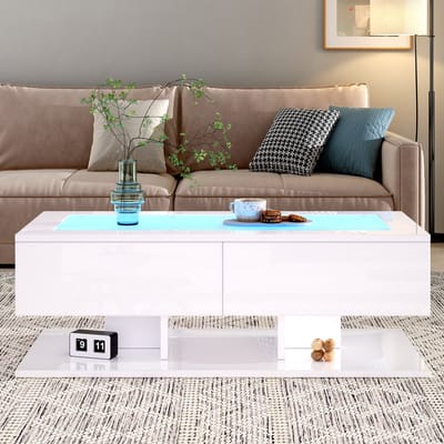 Wishdor Salontafel 100x50x35 cm Hoogglans Wit met 2 Laden, Glasplaat en LED-Accentverlichting, Max. 45 kg