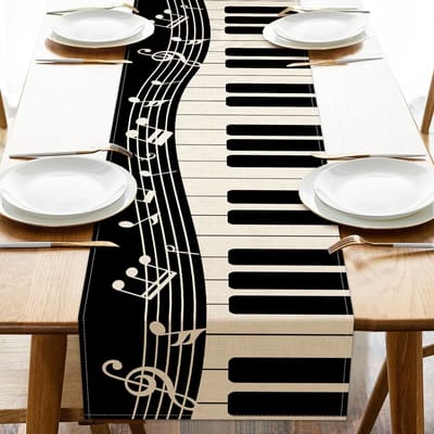 Piano Toetsenbord Linnen Tafelkleed Home Decoratie Muzieknoten Keuken Eetkamertafelkleden voor Muziekliefhebber Cadeau Verjaardagsfeest 150x33cm white