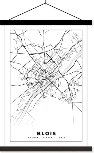 Posterhanger incl. Poster 40x60 cm - Schoolplaat - Kaart - Stadskaart - Frankrijk - Blois - Plattegrond - Zwart wit - Textielposter - Zwarte latten - Stadskaart