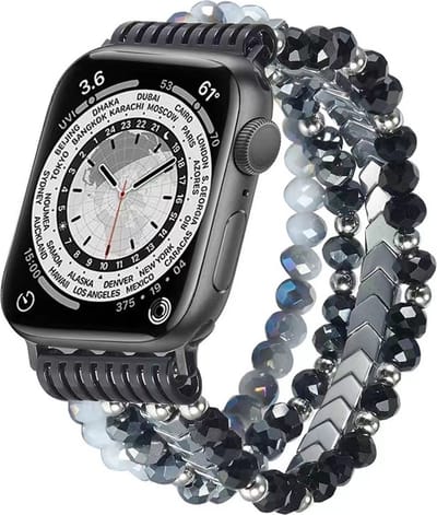 Stravo Boho Stijl Kralen Armbandje Geschikt voor Apple Watch 42mm (Series 11/10), 41mm (Series 9/8/7), 40mm (Series 6/5/4/SE 1/2/3), 38mm (Series 3/2/1) - Zwarte Pijl - Handgemaakt Elastisch Dames Horlogebandje - Elegante Kralen Bandje