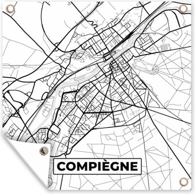 Tuin poster Compiègne - Kaart - Stadskaart - Frankrijk - Plattegrond - Zwart wit - 200x200 cm - Tuindoek