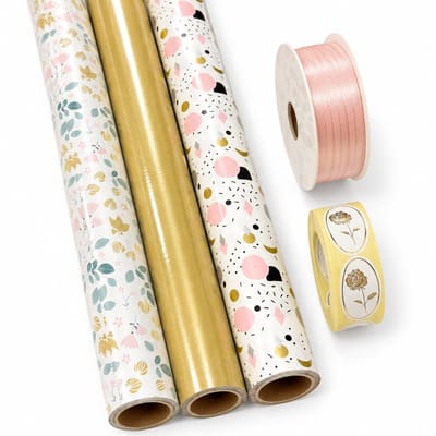 Inpakset Cadeaupapier – “Pastel Bloom & Confetti” – Goud / Roze – 70 x 200 cm – 3 Rollen – Complete Set