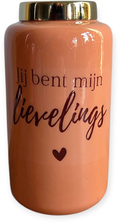 Daan Kromhout - Vaasje - Bloemenvaas - Metaal - Jij bent mijn lievelings - Tekst - Zacht oranje - 9x16x9cm