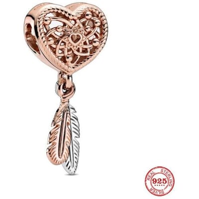 Nouveau Charme Perle Cœur Ajouré Couleur Argent Original & Deux Plumes Compatible Bracelets Charms Mode Européenne Joncs Bijoux DIY P021 beige