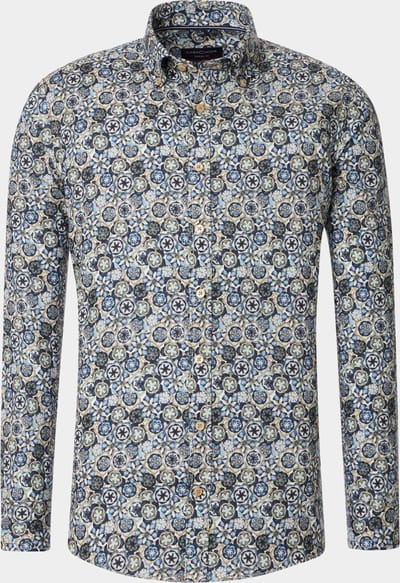 CASA MODA Sport casual fit overhemd - twill - blauw met groen - beige en wit dessin - Strijkvriendelijk - Boordmaat: 41 - 42