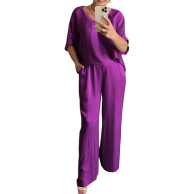 Vrouwen Wijde Broekpak Elegante Satijnen Top Wijde Broekset voor Vrouwen V-hals Blouse met Trekkoord Taille Los voor Dames M purple