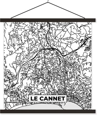 Posterhanger incl. Poster 60x60 cm - Schoolplaat - Kaart – Le Cannet - Stadskaart – Frankrijk – Plattegrond - Zwart wit - Textielposter - Zwarte latten - Stadskaart