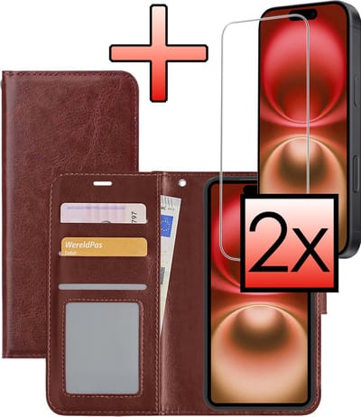 Hoesje - Met 2x Screenprotector - Geschikt voor Apple iPhone 16 - Luxe Pasjeshouder - Bookcase Portemonee - Flip Case - Kunstleer Book Case - Flipcase Hoes - Book Cover - Walletcase - Portemonneehoes - Bruin