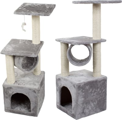 Multifunctionele Krabpaal Kattenboom 92 cm – Speeltoren met Schuilplekken & Krabpalen – Grijs